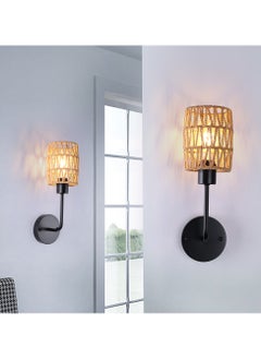 Ganeed Boho Rattan Wall Sconces Set of Two Bedside Wall Lamp Hardwired Hand-Woven Farmhouse Wall Sconce Indoor Wall Lights for Bedroom Bathroom Living Room, E27  - Image 1