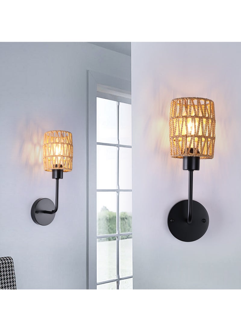 Ganeed - Boho Rattan Wall Sconces Set of Two Bedside Wall Lamp Hardwired Hand-Woven Farmhouse Wall Sconce Indoor Wall Lights for Bedroom Bathroom Living Room, E27 - Image 1
