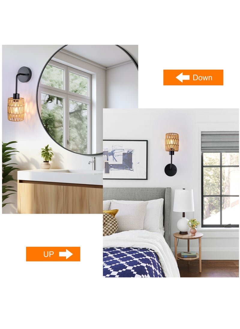 Ganeed - Boho Rattan Wall Sconces Set of Two Bedside Wall Lamp Hardwired Hand-Woven Farmhouse Wall Sconce Indoor Wall Lights for Bedroom Bathroom Living Room, E27 - Image 1