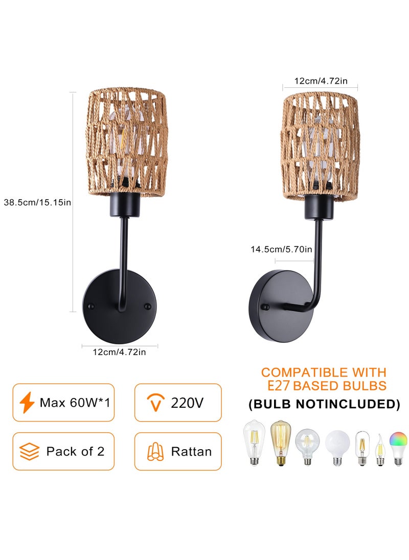 Ganeed - Boho Rattan Wall Sconces Set of Two Bedside Wall Lamp Hardwired Hand-Woven Farmhouse Wall Sconce Indoor Wall Lights for Bedroom Bathroom Living Room, E27 - Image 1