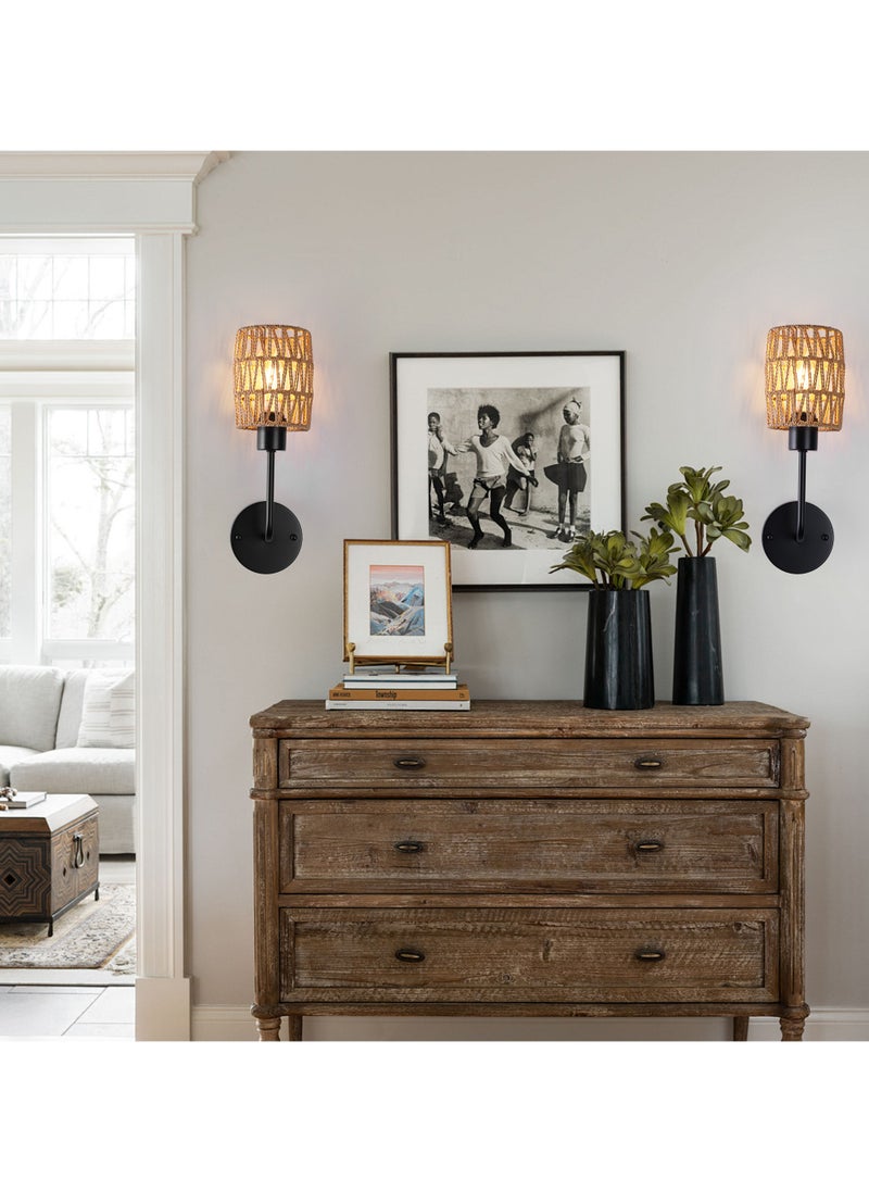 Ganeed - Boho Rattan Wall Sconces Set of Two Bedside Wall Lamp Hardwired Hand-Woven Farmhouse Wall Sconce Indoor Wall Lights for Bedroom Bathroom Living Room, E27 - Image 1
