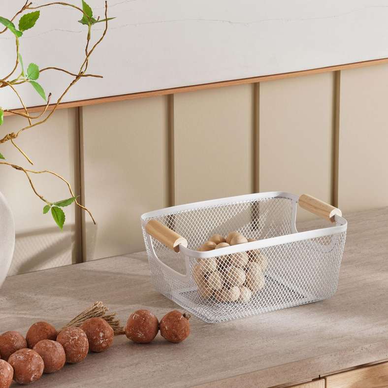 Pan Home Rosie Storage  Wire Basket with Wooden Handle  26x18x11cm - White