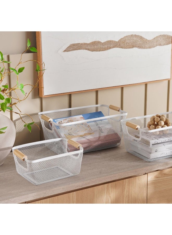 Pan Home Rosie Storage  Wire Basket with Wooden Handle  26x18x11cm - White - Image 4