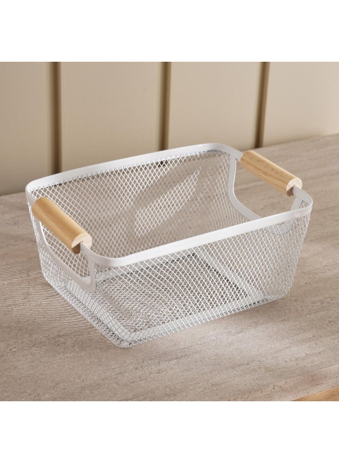 Pan Home Rosie Storage  Wire Basket with Wooden Handle  26x18x11cm - White - Image 1