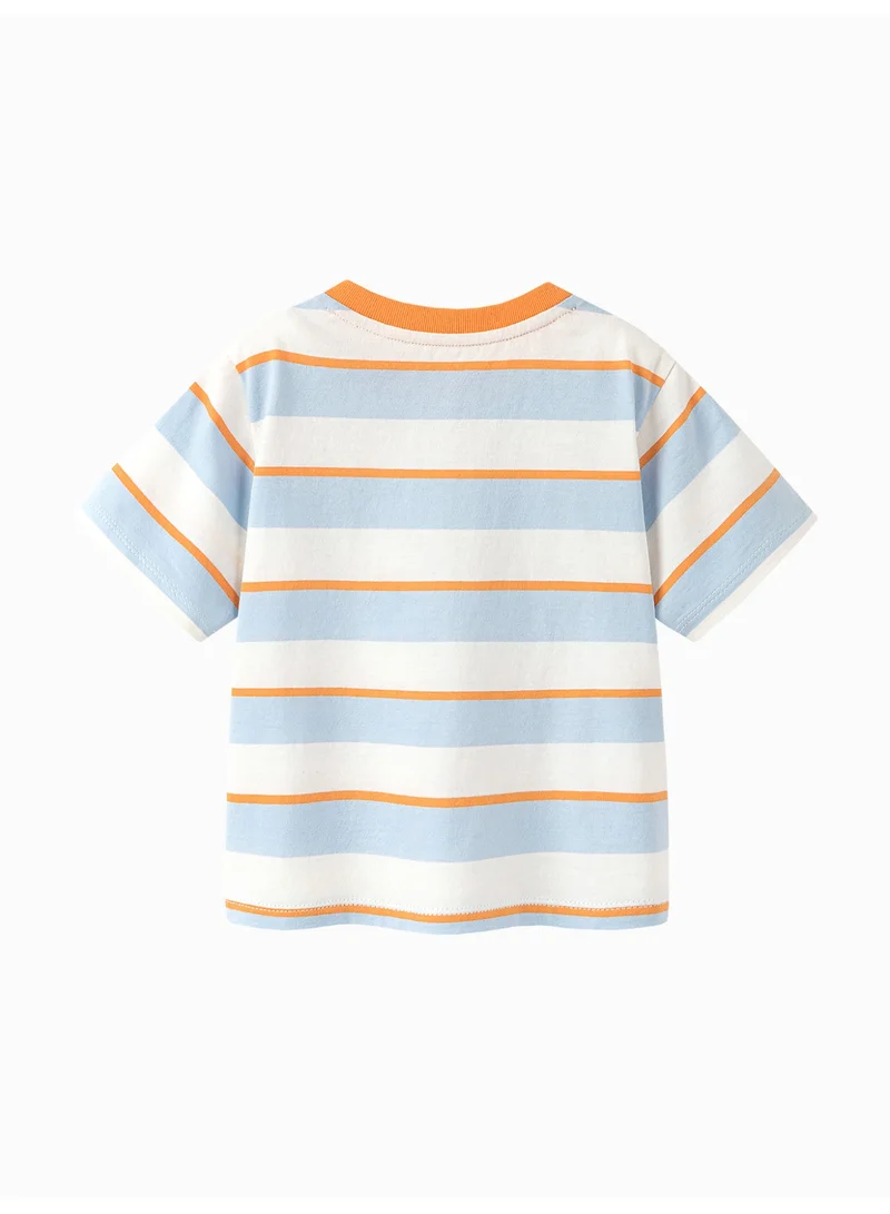 mini bala Unisex Kid Premium Soft Striped Short - Sleeve T - Shirt, Breathable, Comfortable, Charming Fruit Patch Detail, Sweet, Versatile for Daily Wear, Playdates Children's Casual Essential Top