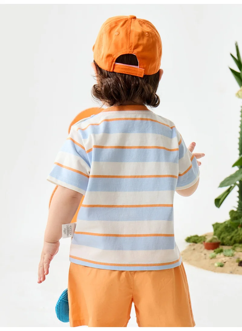 mini bala Unisex Kid Premium Soft Striped Short - Sleeve T - Shirt, Breathable, Comfortable, Charming Fruit Patch Detail, Sweet, Versatile for Daily Wear, Playdates Children's Casual Essential Top