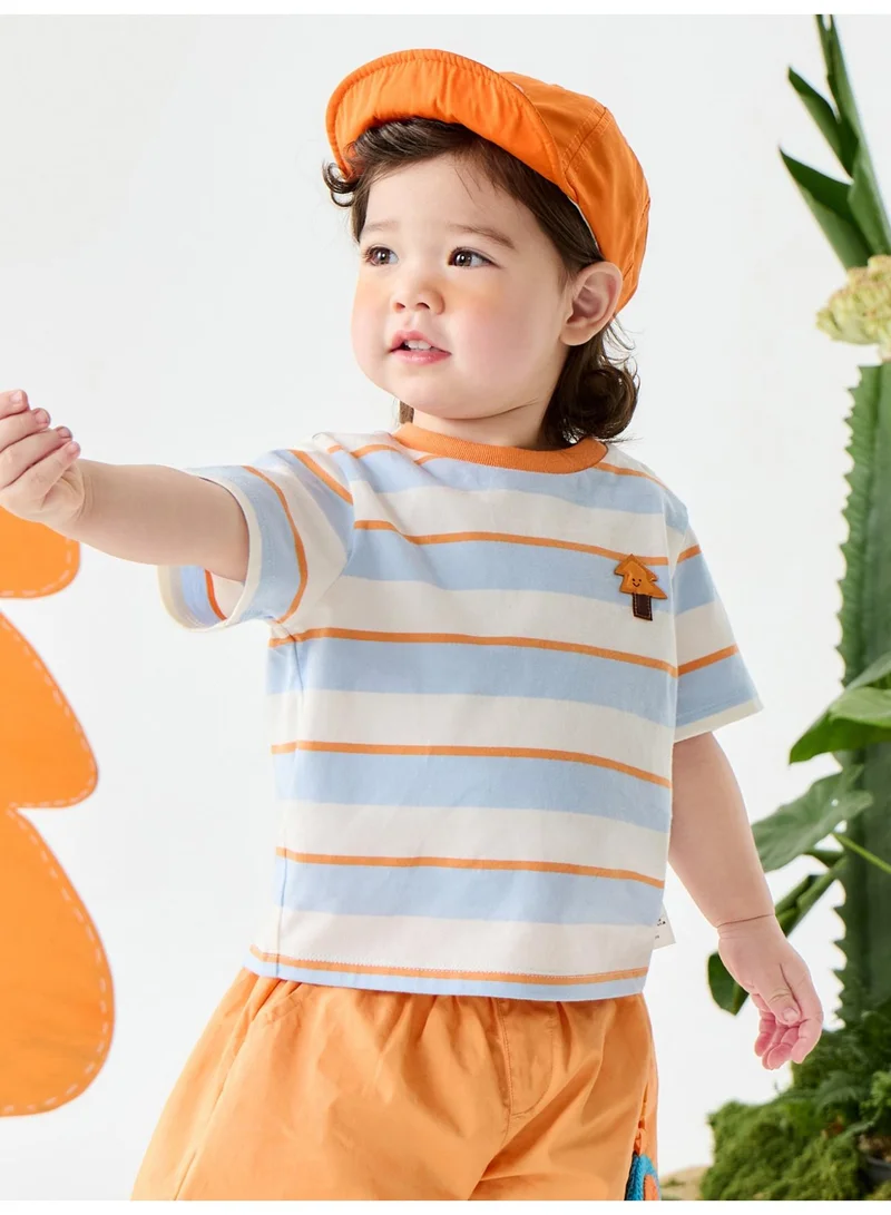 mini bala Unisex Kid Premium Soft Striped Short - Sleeve T - Shirt, Breathable, Comfortable, Charming Fruit Patch Detail, Sweet, Versatile for Daily Wear, Playdates Children's Casual Essential Top