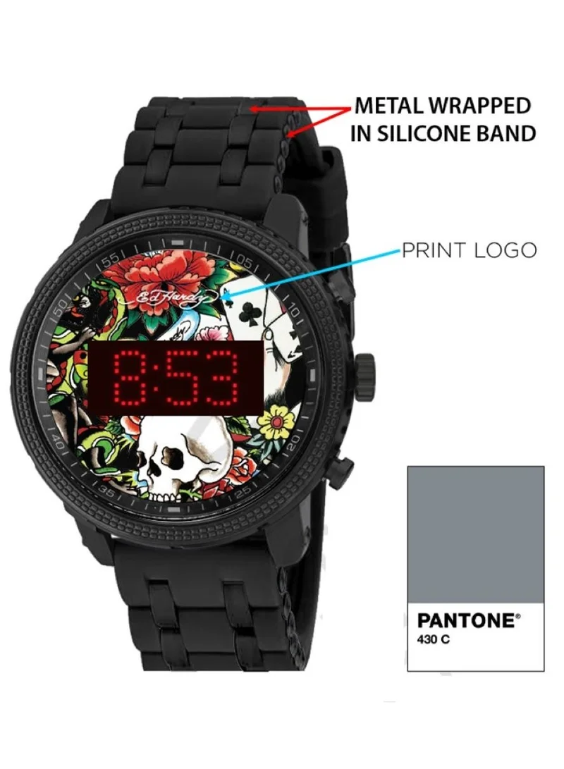 Ed Hardy Ed Hardy Men'S Digital Display Watch With Black Silicone Strap, 50458B-42-F02