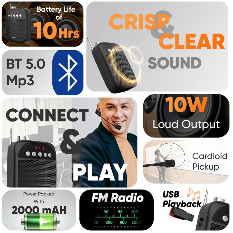 DIGIMORE مضخم صوت محمول لاسلكي | مكبر صوت 10 واط مع ميكروفون رأس | بلوتوث 5.0، USB MP3، FM، بطاقة TF وميزة التسجيل | بطارية 10 ساعات | للمرشدين السياحيين، اليوغا، مدربي اللياقة البدنية، الكليات (D-1230) - Image 5
