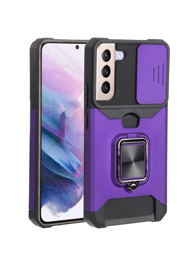 اس-توب جراب لهاتف Samsung Galaxy S22+ 5G بتصميم غطاء كاميرا منزلق مصنوع من مادة PC + TPU، جراب هاتف مقاوم للصدمات مع حامل حلقي وفتحة بطاقة - Image 1