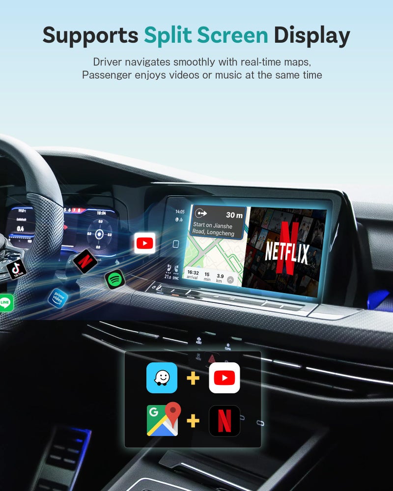 Ottocast صندوق بث السيارات Ottocast E2 OttoAibox 2026، صندوق ذكي يعمل بنظام أندرويد 13 مع Netflix/YouTube، محول CarPlay لاسلكي، مشغل فيديو للسيارة مع شاشة مقسمة - Image 5