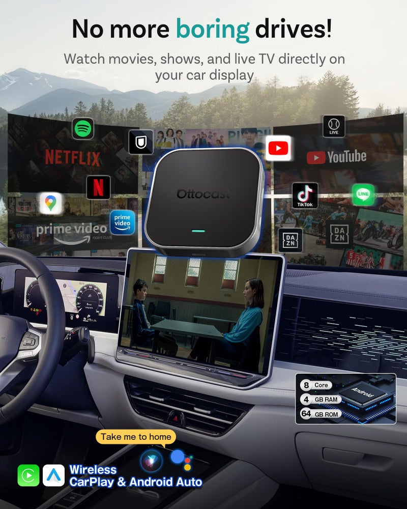 Ottocast صندوق بث السيارات Ottocast E2 OttoAibox 2026، صندوق ذكي يعمل بنظام أندرويد 13 مع Netflix/YouTube، محول CarPlay لاسلكي، مشغل فيديو للسيارة مع شاشة مقسمة - Image 2