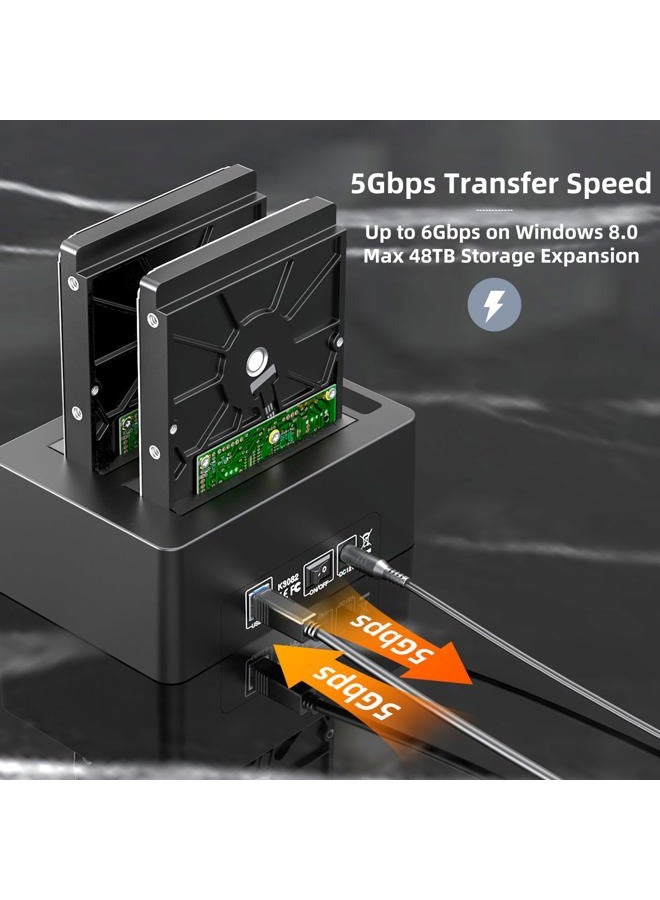 MAIWO محطة توصيل الأقراص الصلبة مزدوجة المداخل مع نسخ احتياطي غير متصل لقرص SATA HDD SSD بحجم 2.5 و 3.5 بوصة، 3X تمديد USB 3.0، سعة 48TB، مكرر أقراص صلبة خارجي - Image 3