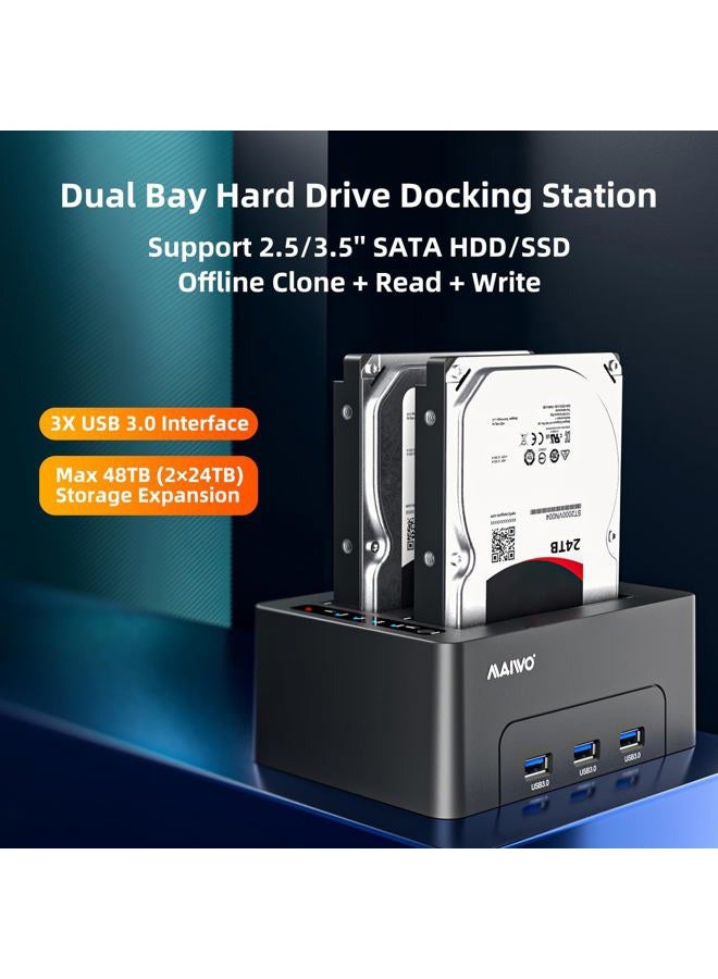 MAIWO محطة توصيل الأقراص الصلبة مزدوجة المداخل مع نسخ احتياطي غير متصل لقرص SATA HDD SSD بحجم 2.5 و 3.5 بوصة، 3X تمديد USB 3.0، سعة 48TB، مكرر أقراص صلبة خارجي - Image 2