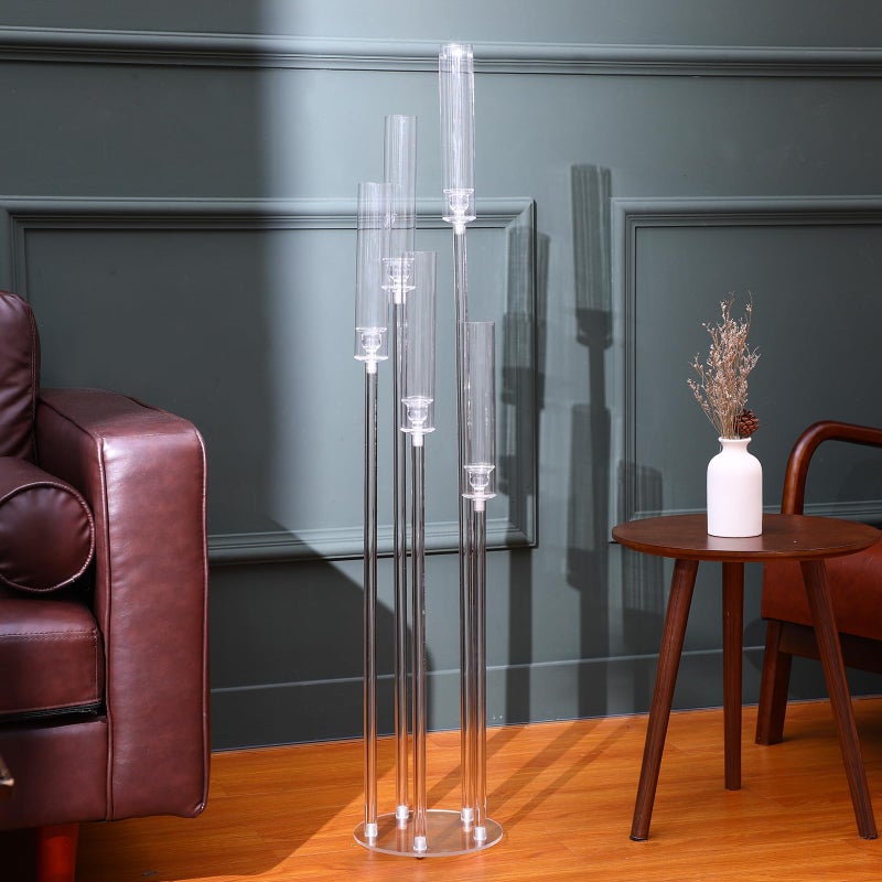 Vesici فيسيسي 2 قطع 5 ذراع 464 × 87 بوصة حامل شموع أكريليك لمركز الطاولة لحفل الزفاف حامل شموع طويل شفاف كبير لحفل الزفاف في المنزل حفلة العشاء يناسب شمعة LED 08