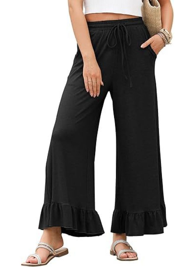 Evales Women's Wide Leg Pants Drawstring Elastic High Waist Pleated Hem Wide Leg Pants With Pocket