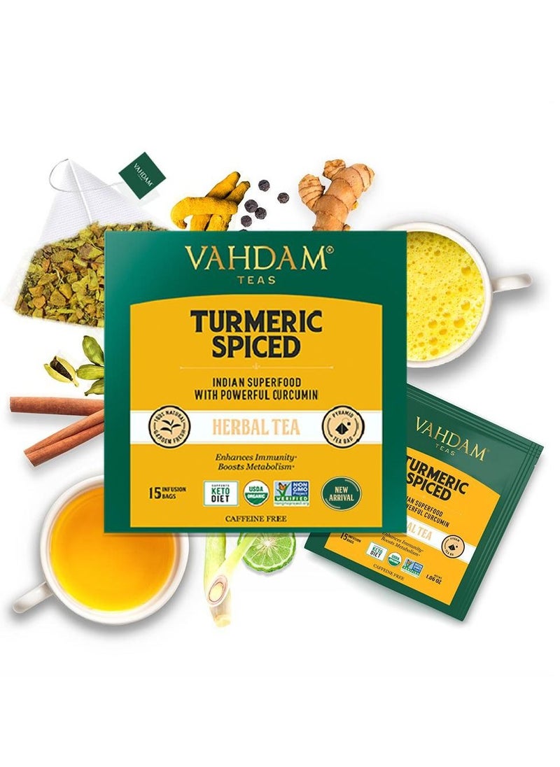 Vahdam - Vahdam Turmeric Spiced Herbal Tea Tisane, 30 G, 15 Tea Bags | Certified Organic| No GMO |Turmeric And Aromatic Spices Such As Cinnamon And Ginger. - Image 1