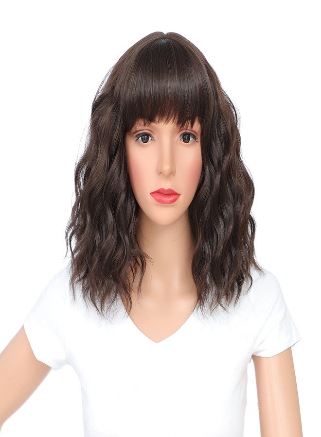 SWACC 12 Inch Short Curly Wavy Bob Wig with Bangs Synthetic Hair Wig for Women with Wig Cap (Dark Brown) - Image 1