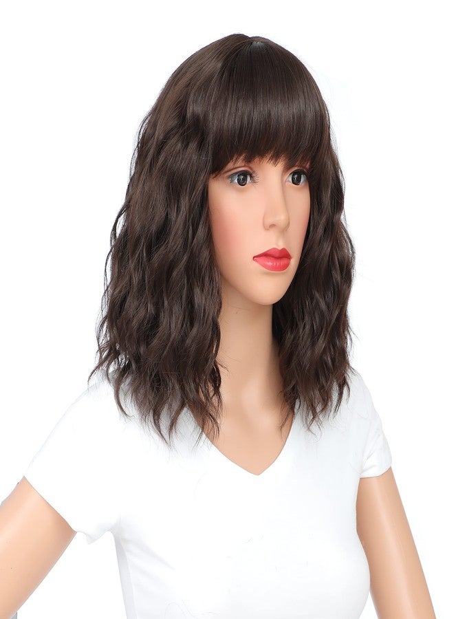 SWACC 12 Inch Short Curly Wavy Bob Wig with Bangs Synthetic Hair Wig for Women with Wig Cap (Dark Brown) - Image 3