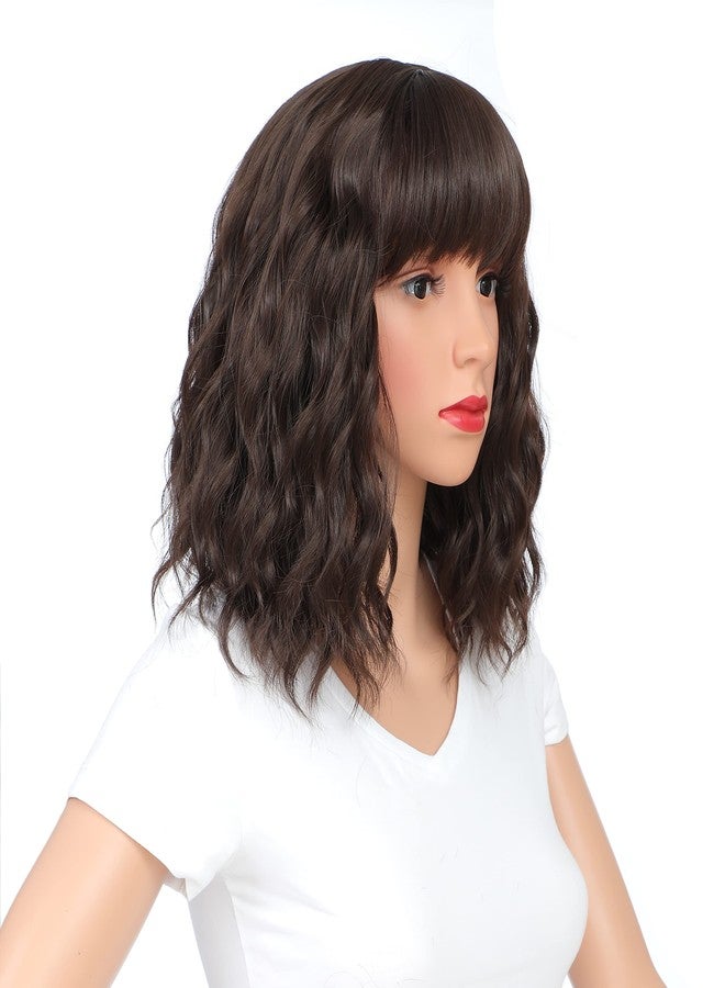 SWACC 12 Inch Short Curly Wavy Bob Wig with Bangs Synthetic Hair Wig for Women with Wig Cap (Dark Brown) - Image 5