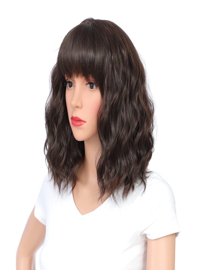 SWACC 12 Inch Short Curly Wavy Bob Wig with Bangs Synthetic Hair Wig for Women with Wig Cap (Dark Brown) - Image 4