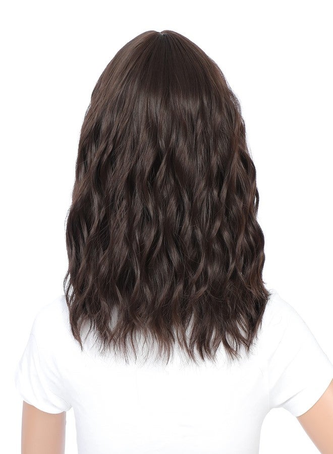SWACC 12 Inch Short Curly Wavy Bob Wig with Bangs Synthetic Hair Wig for Women with Wig Cap (Dark Brown) - Image 2