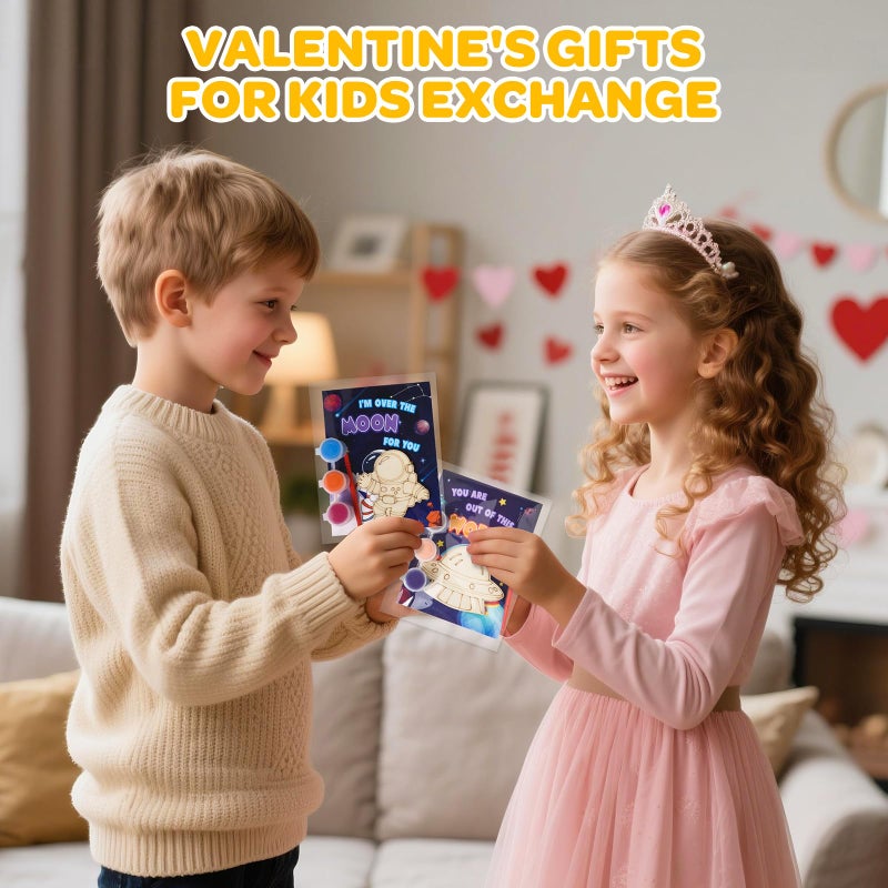 Letapapa Valentine's Day Cards For Kids School, 24Pack Valentine's Day Cards for Kids With DIY Wooden Crafts Painting Kit, Valentines Day Gifts for Kids Classroom Exchange, Party Favors Activities Prizes - Image 2