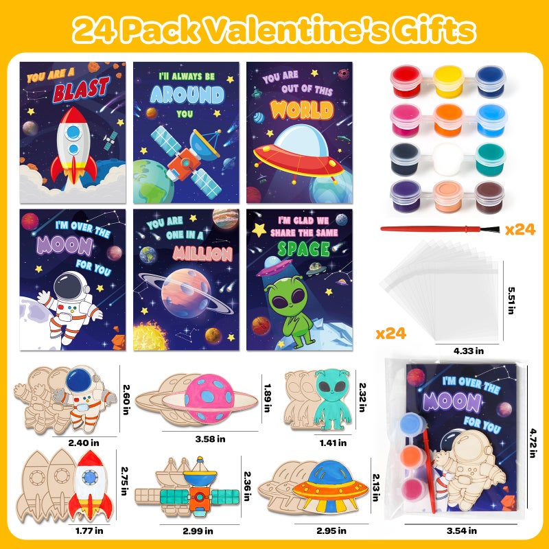 Letapapa Valentine's Day Cards For Kids School, 24Pack Valentine's Day Cards for Kids With DIY Wooden Crafts Painting Kit, Valentines Day Gifts for Kids Classroom Exchange, Party Favors Activities Prizes - Image 3