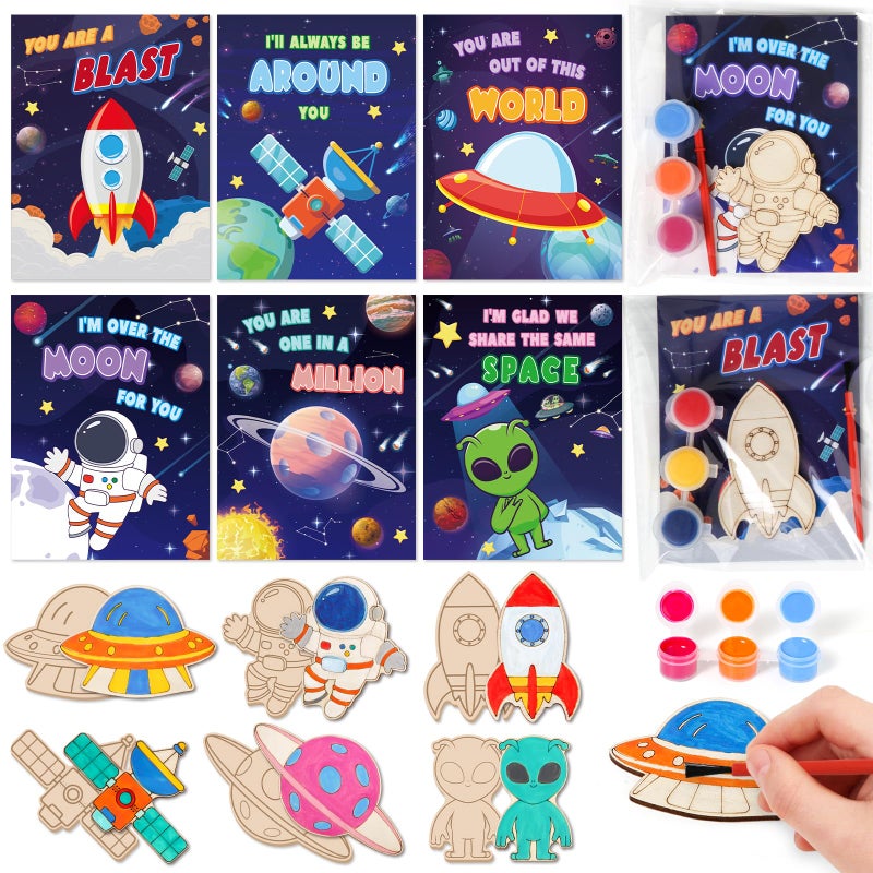 Letapapa Valentine's Day Cards For Kids School, 24Pack Valentine's Day Cards for Kids With DIY Wooden Crafts Painting Kit, Valentines Day Gifts for Kids Classroom Exchange, Party Favors Activities Prizes - Image 1