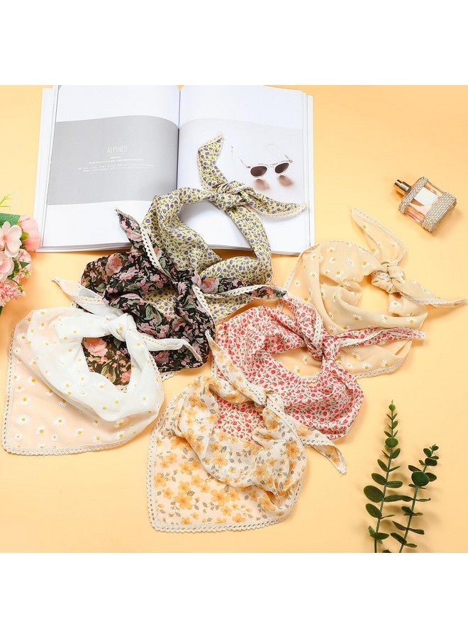 Dingion 6 Pcs Floral Hair Bandanas Head Kerchief Women Bandana Print Chiffon Hair Scarf Triangle Hair Kerchief With Ties(Fresh Color) - Image 3