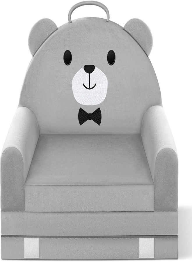 laapee Kids Sofa Bed with Removable Washable Cover & Magic-Tape Backrest – Foldable Toddler Chair, Cozy Crystal Velvet Furniture for Playtime, Naps & Travel (Soft Grey, Bear Design) - Image 3