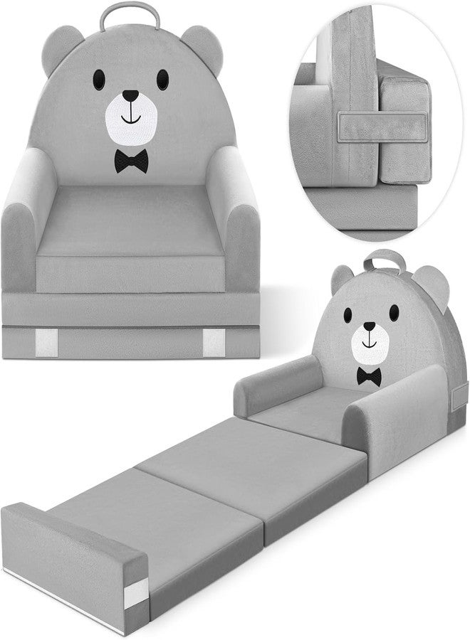 laapee Kids Sofa Bed with Removable Washable Cover & Magic-Tape Backrest – Foldable Toddler Chair, Cozy Crystal Velvet Furniture for Playtime, Naps & Travel (Soft Grey, Bear Design) - Image 1