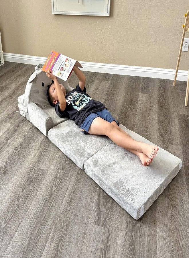 laapee Kids Sofa Bed with Removable Washable Cover & Magic-Tape Backrest – Foldable Toddler Chair, Cozy Crystal Velvet Furniture for Playtime, Naps & Travel (Soft Grey, Bear Design) - Image 2