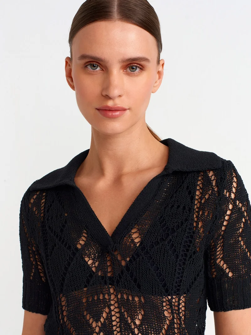 Dilvin 10565 Polo Neck Openwork Knitwear Sweater-Black
