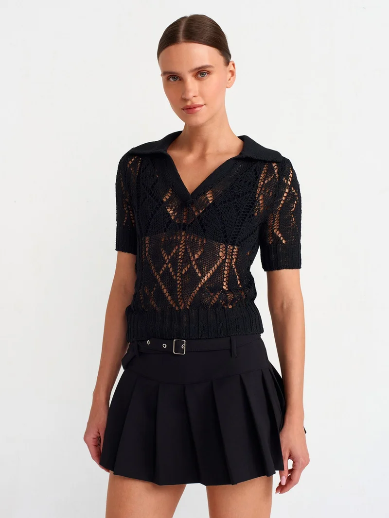 Dilvin 10565 Polo Neck Openwork Knitwear Sweater-Black