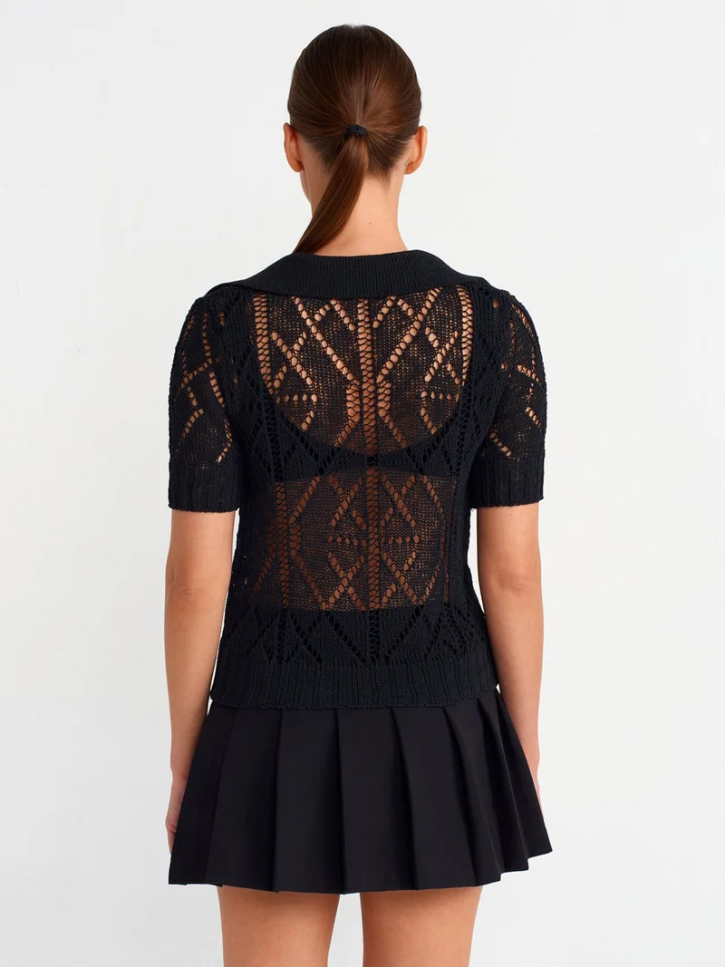 Dilvin 10565 Polo Neck Openwork Knitwear Sweater-Black