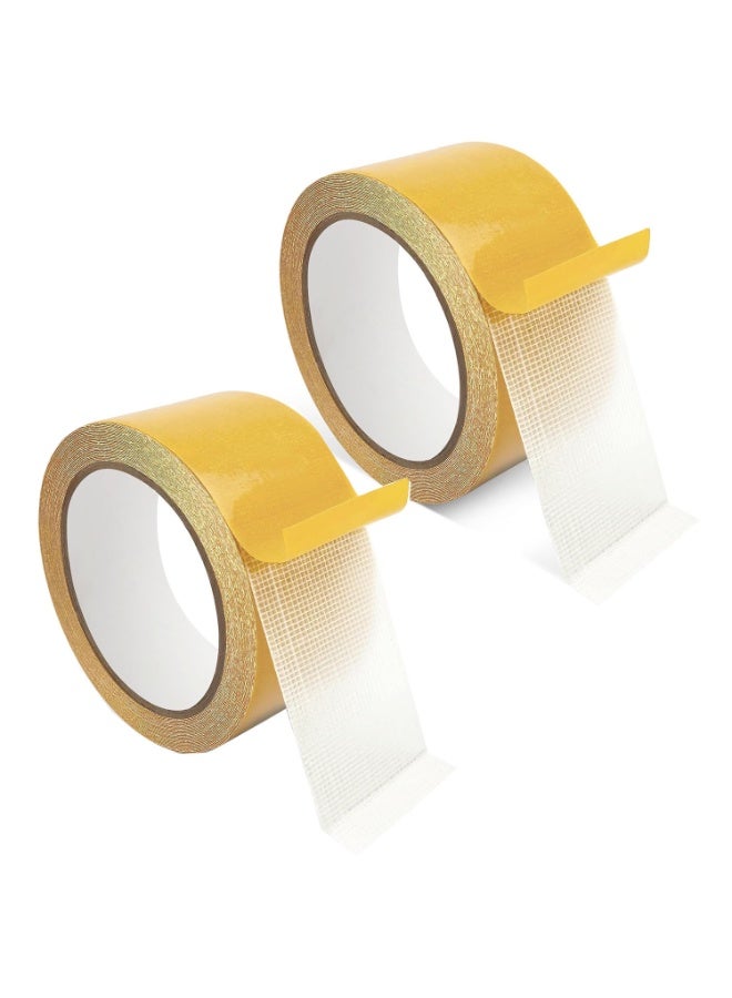 5cm Width 10m Length Grid Cloth Double Sided Tape, Fabric Tape Multifunctional Double Sided Tape,Yellow Release Liner Heavy Duty Waterproof Strong Adhesive Residue-Free Carpet Vinyl Floor Mounting Tape, Residue Free, 2" x 33ft, 2 Rolls Pack - Image 1