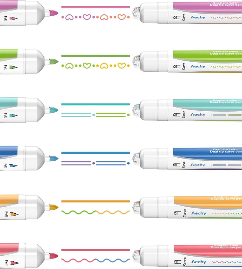 AECHY 6PCS Dual Color Highlighter Pens - 1 Stroke 2 Colors! Dual Tip Pens with 3 Curve Shapes & 6 Vibrant Colors for Note Taking, Underlining, Journaling, No Bleed Acid-Free Ink, for School,Office,Art - Image 2