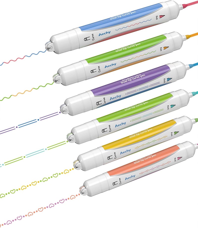 AECHY 6PCS Dual Color Highlighter Pens - 1 Stroke 2 Colors! Dual Tip Pens with 3 Curve Shapes & 6 Vibrant Colors for Note Taking, Underlining, Journaling, No Bleed Acid-Free Ink, for School,Office,Art - Image 1