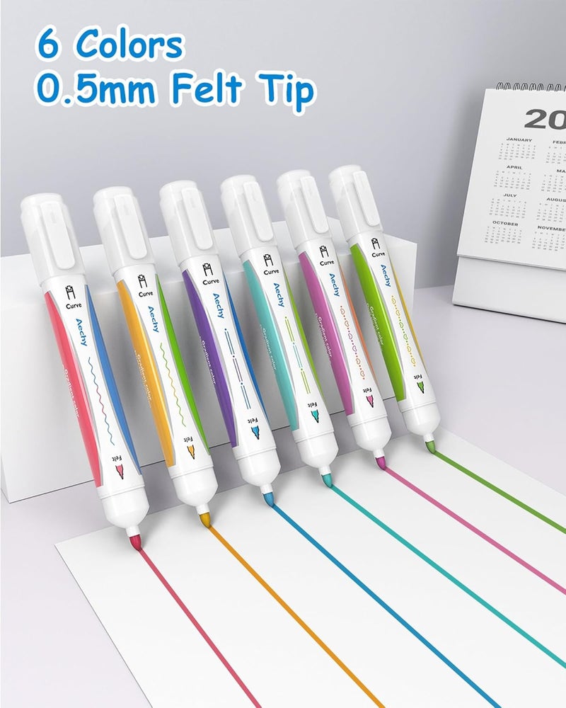 AECHY 6PCS Dual Color Highlighter Pens - 1 Stroke 2 Colors! Dual Tip Pens with 3 Curve Shapes & 6 Vibrant Colors for Note Taking, Underlining, Journaling, No Bleed Acid-Free Ink, for School,Office,Art - Image 4