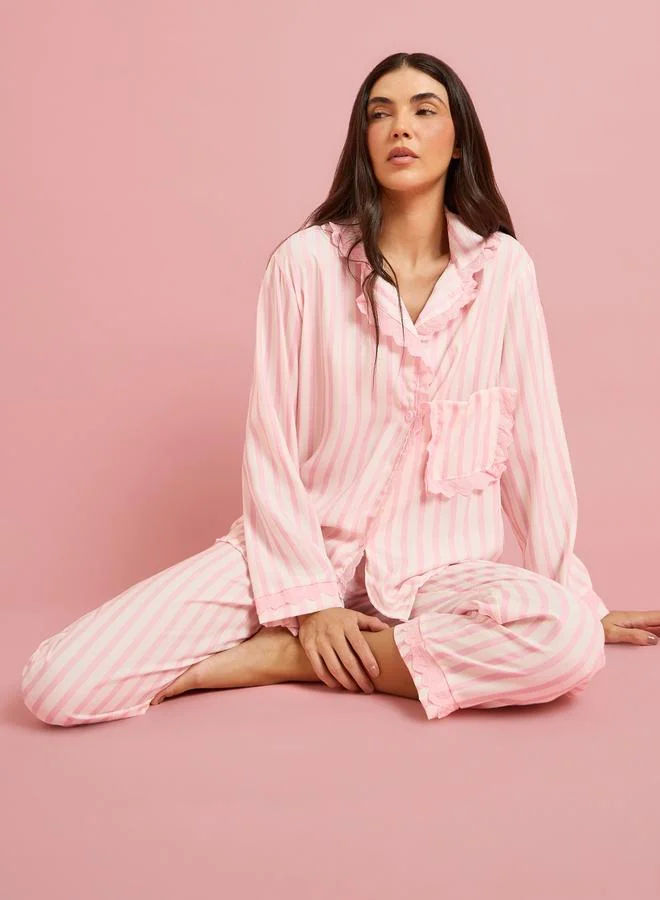 Styli Pink Striped Ruffled Shirt and Pyjama Set