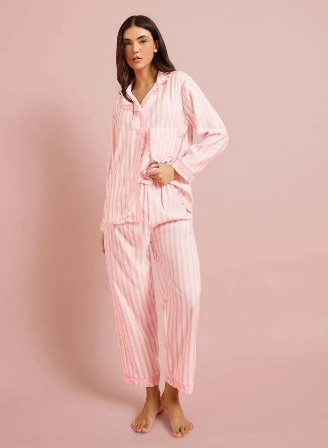Styli Pink Striped Ruffled Shirt and Pyjama Set
