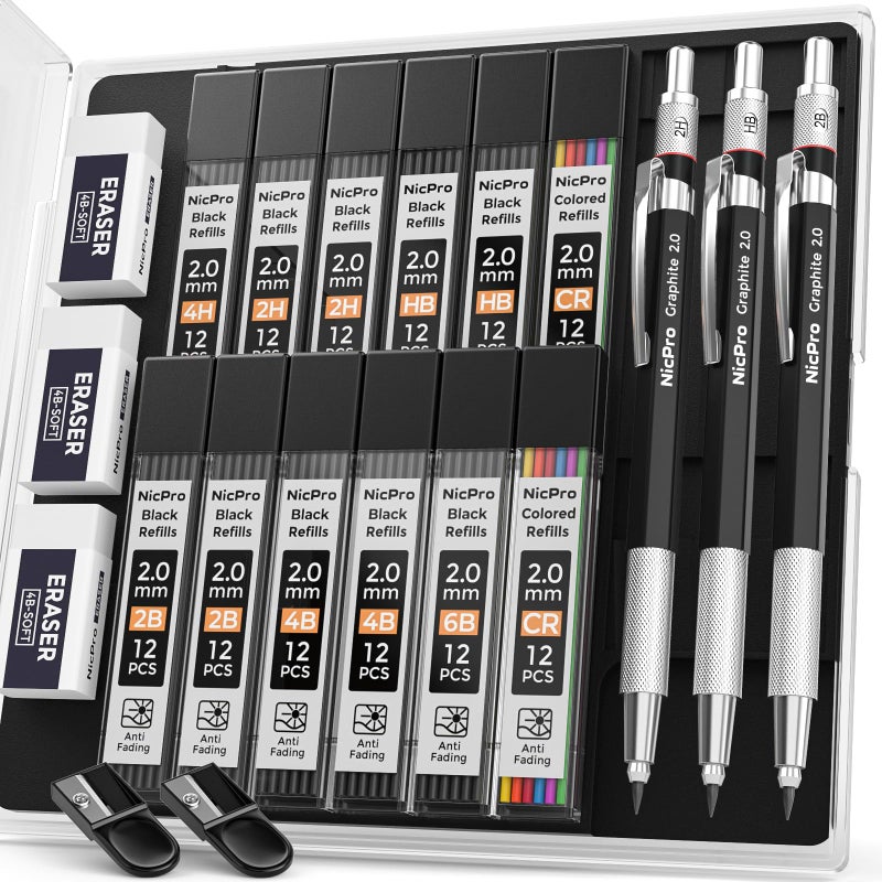 Nicpro 2mm Metal Mechanical Pencil Set with Case, 3PCS Lead Pencil Holder 2.0 mm with 144PCS Lead Refills (4H 2H HB 2B 4B 6B Color), Eraser, Sharpener for Drafting Writing Drawing Sketching - Image 1