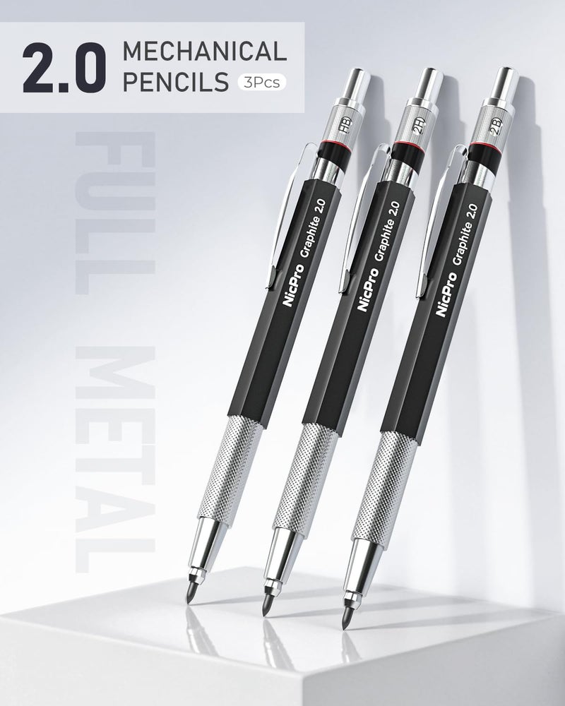 Nicpro 2mm Metal Mechanical Pencil Set with Case, 3PCS Lead Pencil Holder 2.0 mm with 144PCS Lead Refills (4H 2H HB 2B 4B 6B Color), Eraser, Sharpener for Drafting Writing Drawing Sketching - Image 3