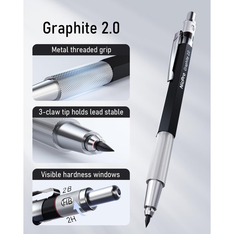 Nicpro 2mm Metal Mechanical Pencil Set with Case, 3PCS Lead Pencil Holder 2.0 mm with 144PCS Lead Refills (4H 2H HB 2B 4B 6B Color), Eraser, Sharpener for Drafting Writing Drawing Sketching - Image 4