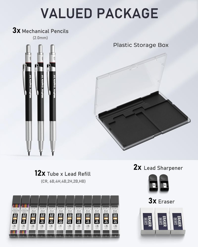 Nicpro 2mm Metal Mechanical Pencil Set with Case, 3PCS Lead Pencil Holder 2.0 mm with 144PCS Lead Refills (4H 2H HB 2B 4B 6B Color), Eraser, Sharpener for Drafting Writing Drawing Sketching - Image 2