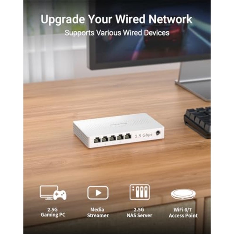 5 منافذ 2.5 جيجابايت مفتاح غير مُدار لوحدة تحكم الألعاب PC NAS بدون مروحة سطح المكتب/التركيب على الحائط أسود معدني حماية مدى الحياة - Image 3