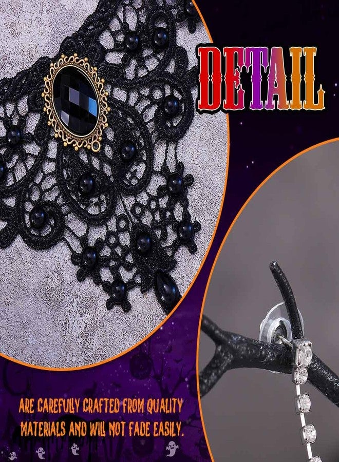 CLOACE Halloween Choker Necklace Set Flower Crystal Pendant Necklaces Earrings Gothic Jewelry Accessories for Women (Black) - Image 4