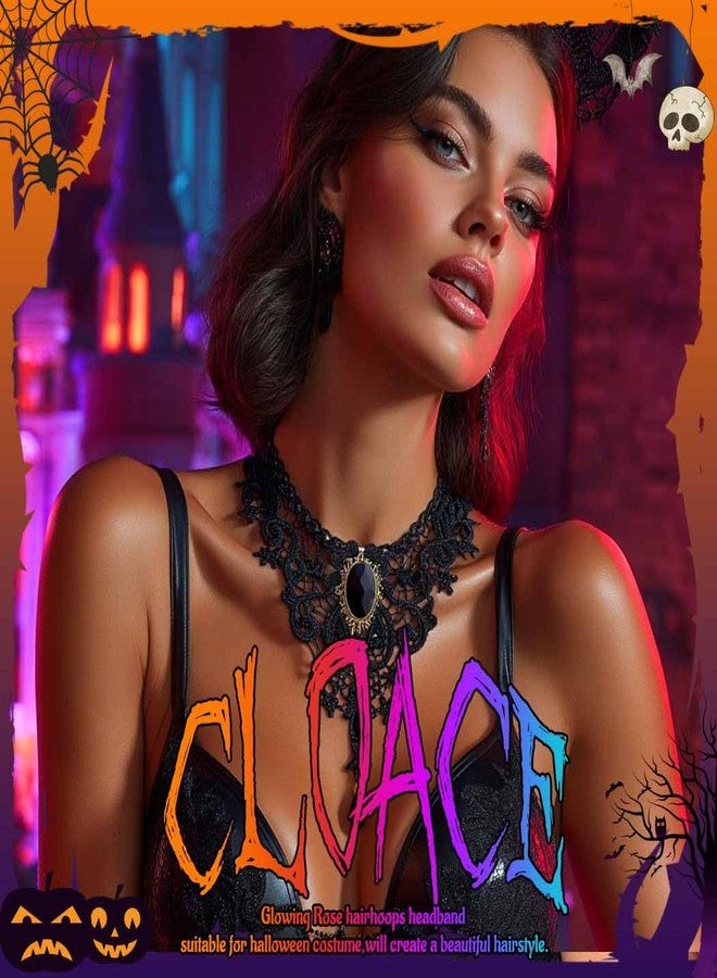 CLOACE Halloween Choker Necklace Set Flower Crystal Pendant Necklaces Earrings Gothic Jewelry Accessories for Women (Black) - Image 3