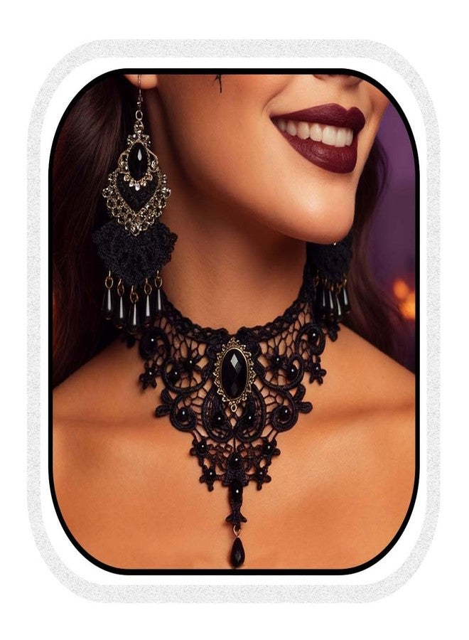CLOACE Halloween Choker Necklace Set Flower Crystal Pendant Necklaces Earrings Gothic Jewelry Accessories for Women (Black) - Image 1